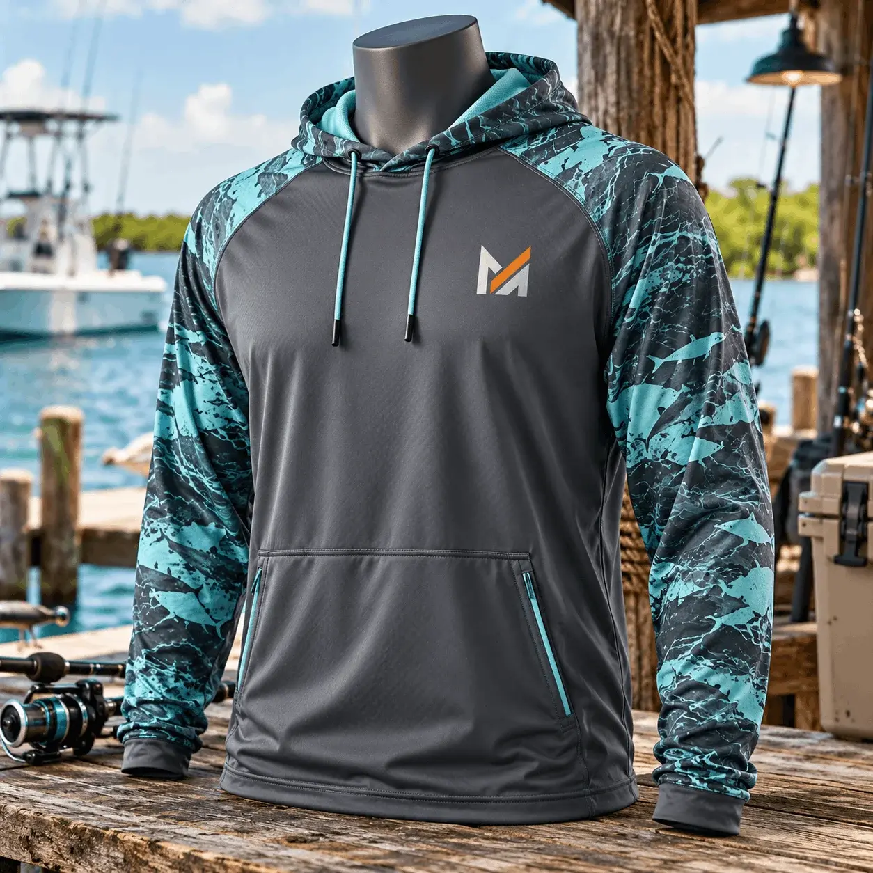 Charcoal performance fishing hoodie displayed on a mannequin, featuring teal ocean-pattern sleeves and hood, drawstrings, front kangaroo pocket, and Mega Apparel branding in a waterfront fishing setting.